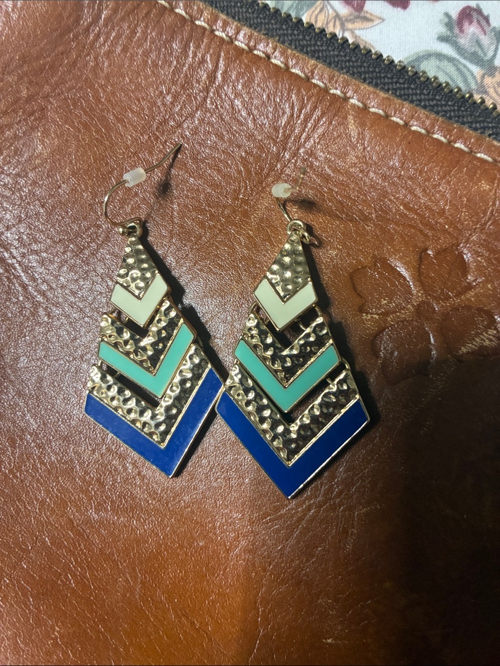 Gold Chevron Drop Earrings with Blue, Teal & Cream Enamel